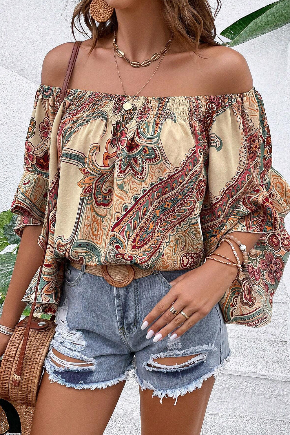 Apricot Paisley Print Shirred Off Shoulder Ruffle Half Sleeve Blouse