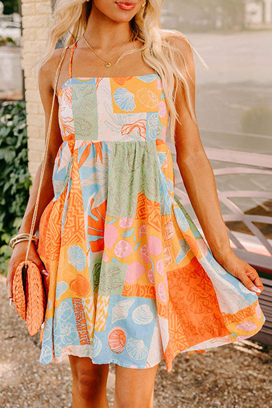 Orange Shell Print Patchwork Backless Flowy Dress