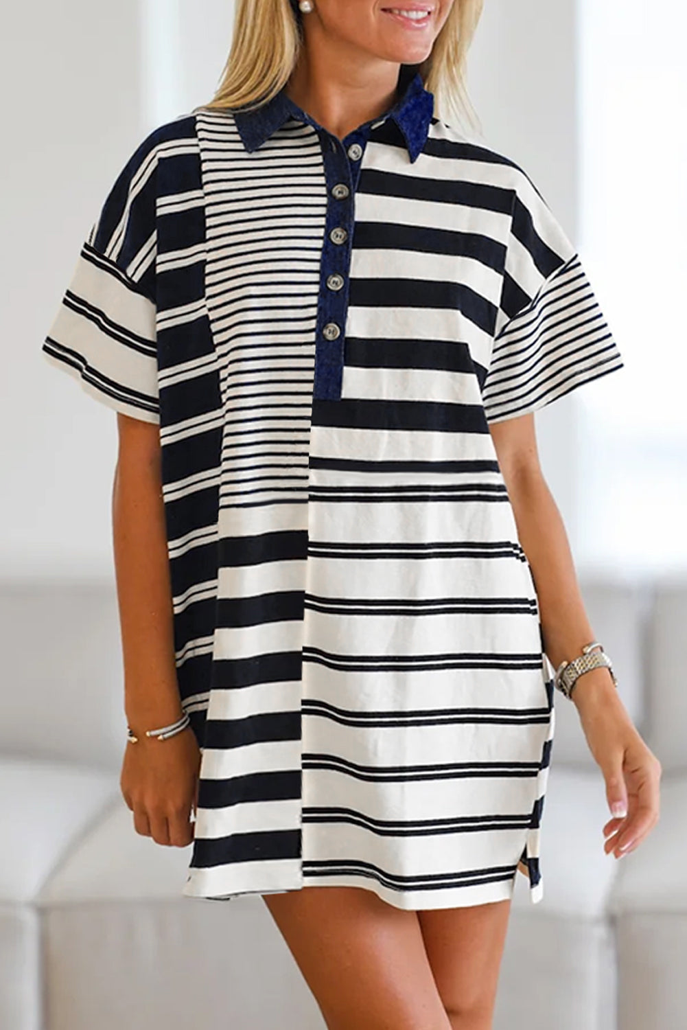 Black Stripe Half Placket Polo T Shirt Dress