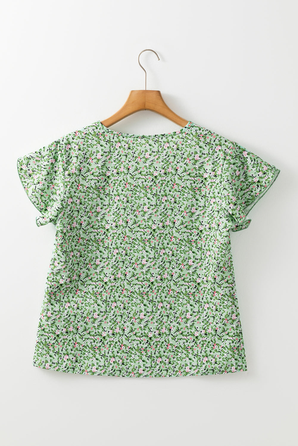 Green Boho Floral V Neck Short Sleeve Blouse