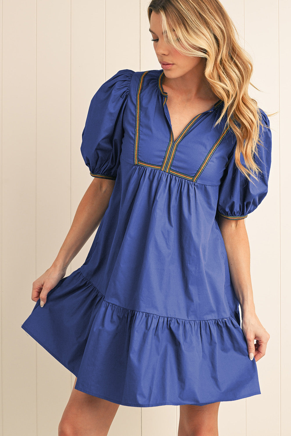 Bluing V-Neck Short Sleeve Pleated Mini Dress