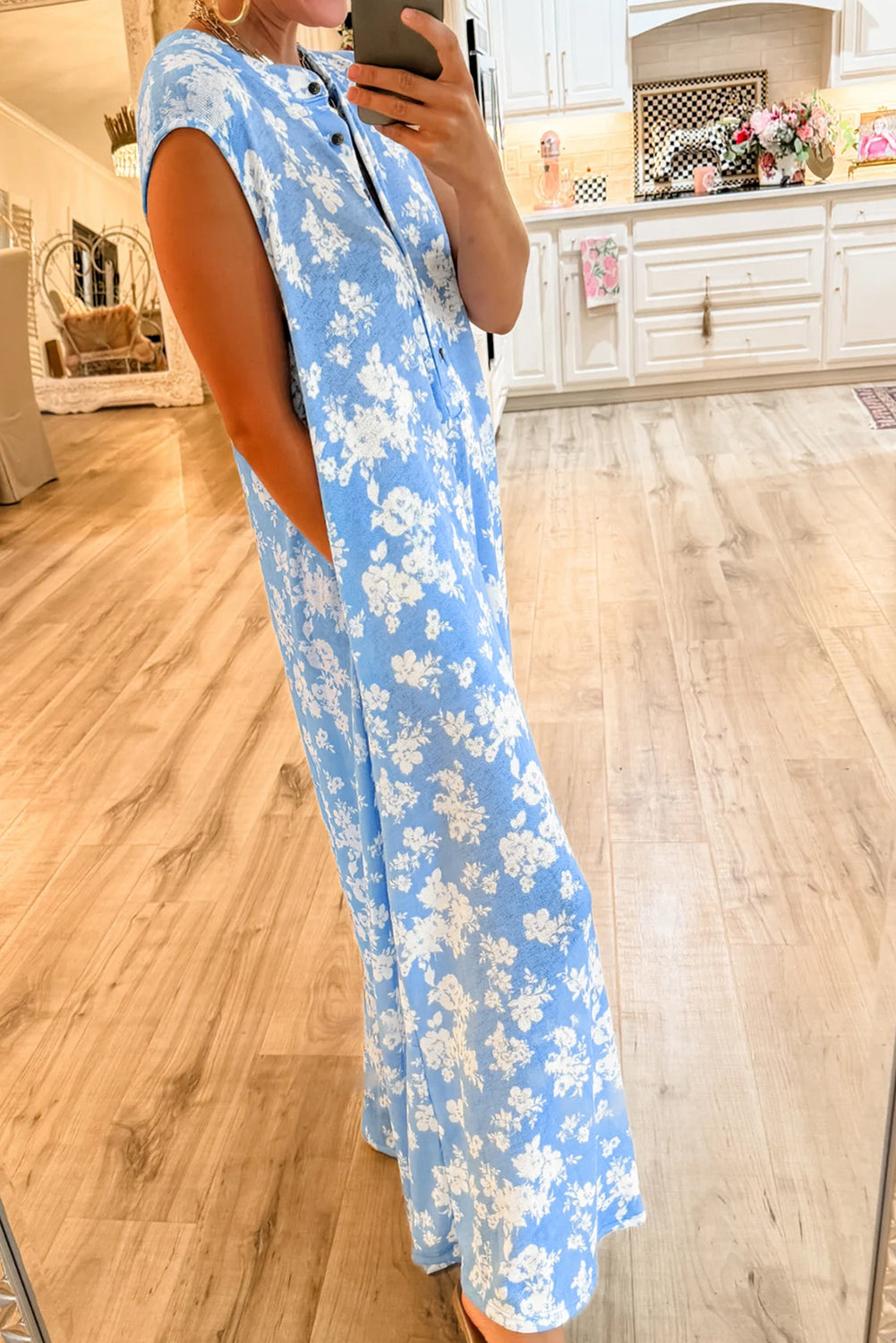 Myosotis Floral Print Sleeveless Wide Leg Jumpsuit