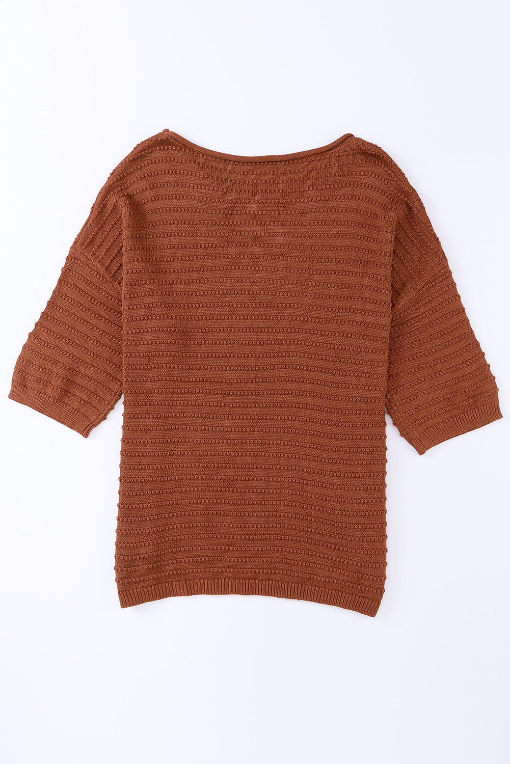 Brown Solid Color Rib-Knit Drop Sleeve Side Slits Top