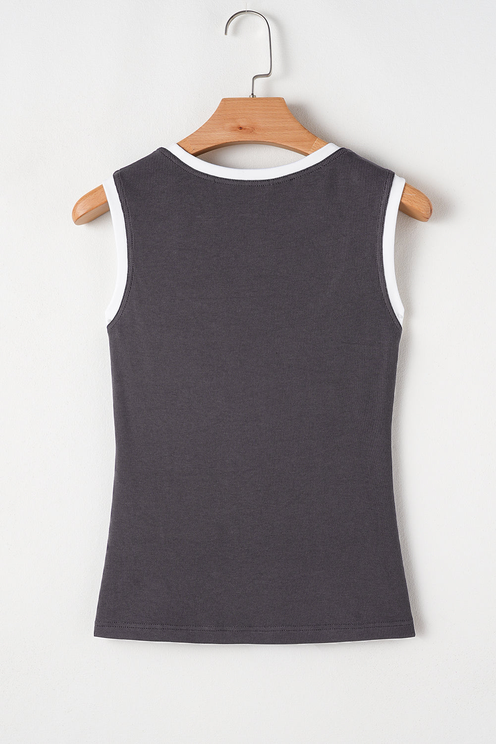 Carbon Grey Ribbed Knit Contrast Edge U Neck Slim Fit Tank Top