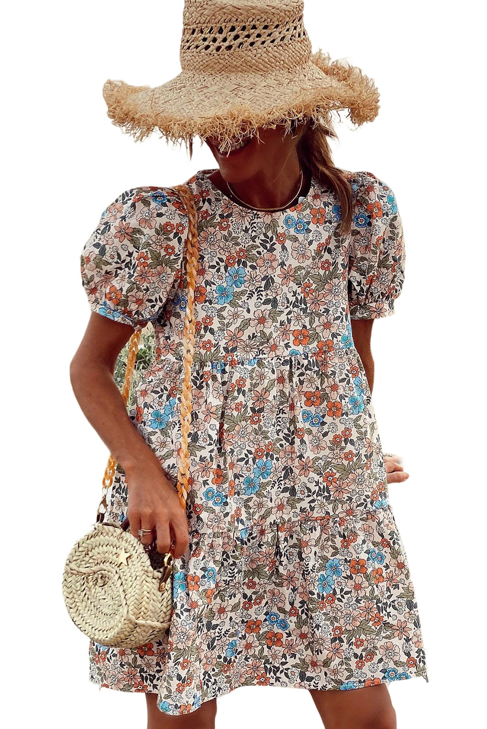 Apricot Bohemian Floral Print Short Puff Sleeve Mini Dress