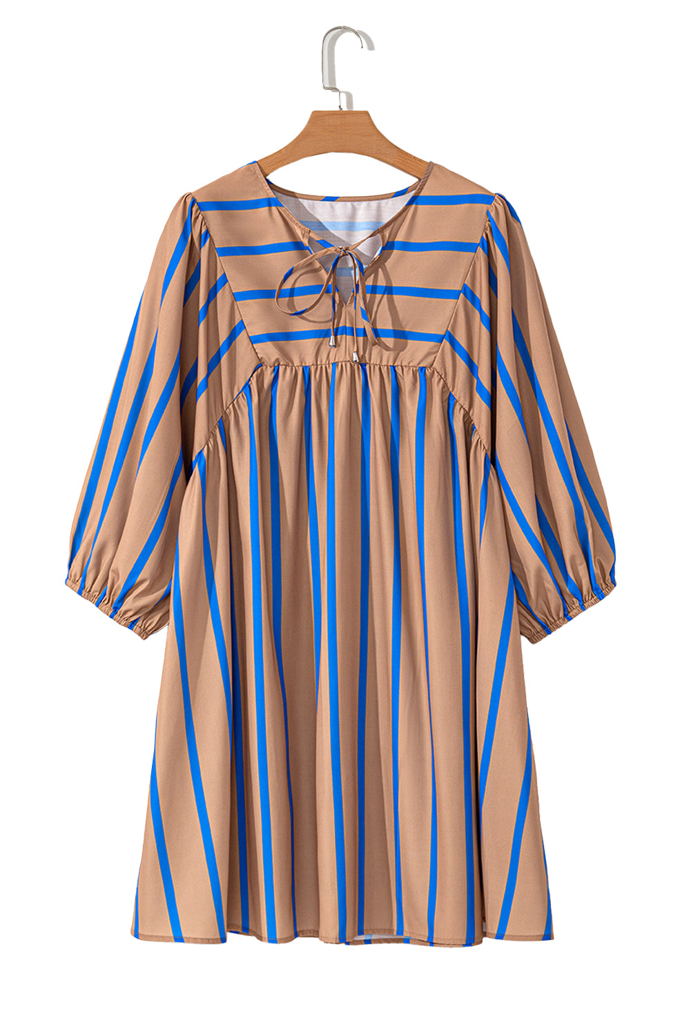 Khaki Stripe Tie Neck Plus Size Mini Dress