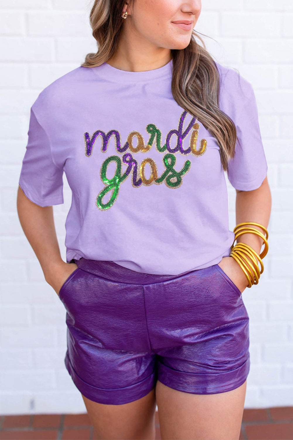 White Sequin mardi gras Letter Print Crewneck Tee