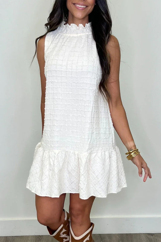 White Solid Color Grid Texture Frill Neck Ruffle Hem Dress