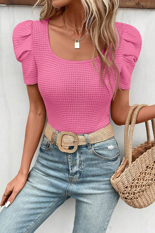 Bright Pink Scoop Neck Waffle Knit Puff Sleeve Top