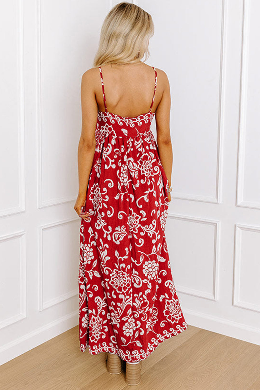 Red Floral Print Spaghetti Strap Empire Waist Maxi Dress