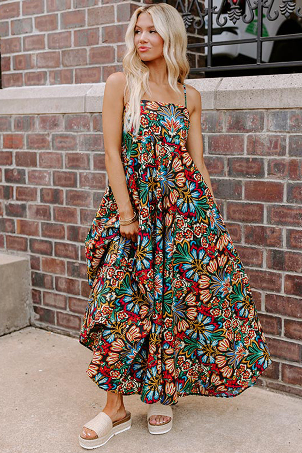 Black Boho Floral Print Thin Straps High Waist Maxi Dress