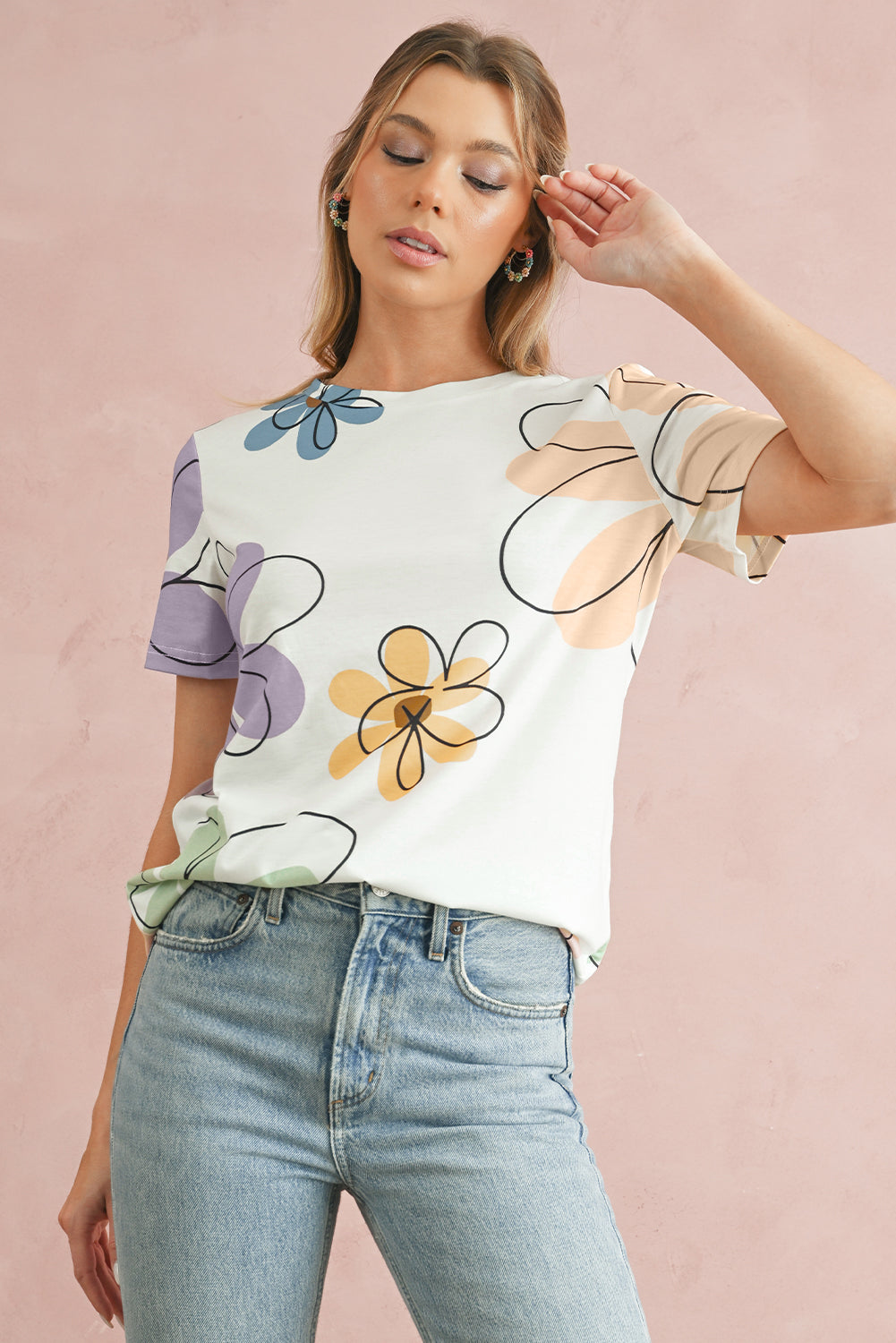 Beige Summer Flower Print Round Neck T Shirt