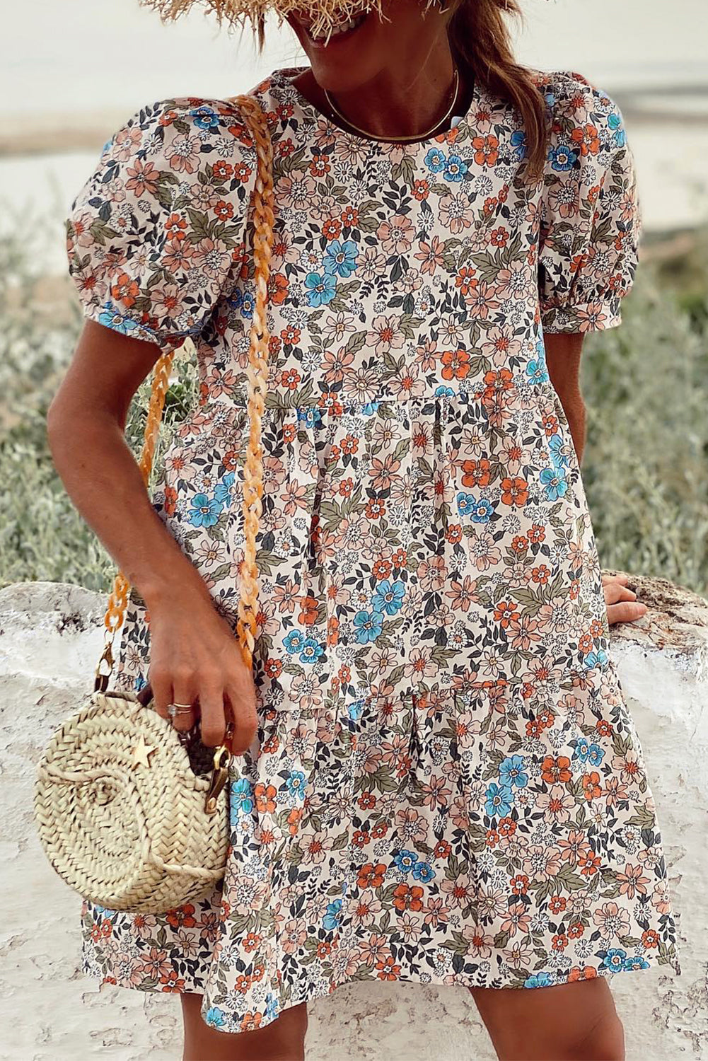 Apricot Bohemian Floral Print Short Puff Sleeve Mini Dress