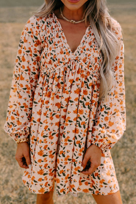 Smocked Printed V-Neck Long Sleeve Dress