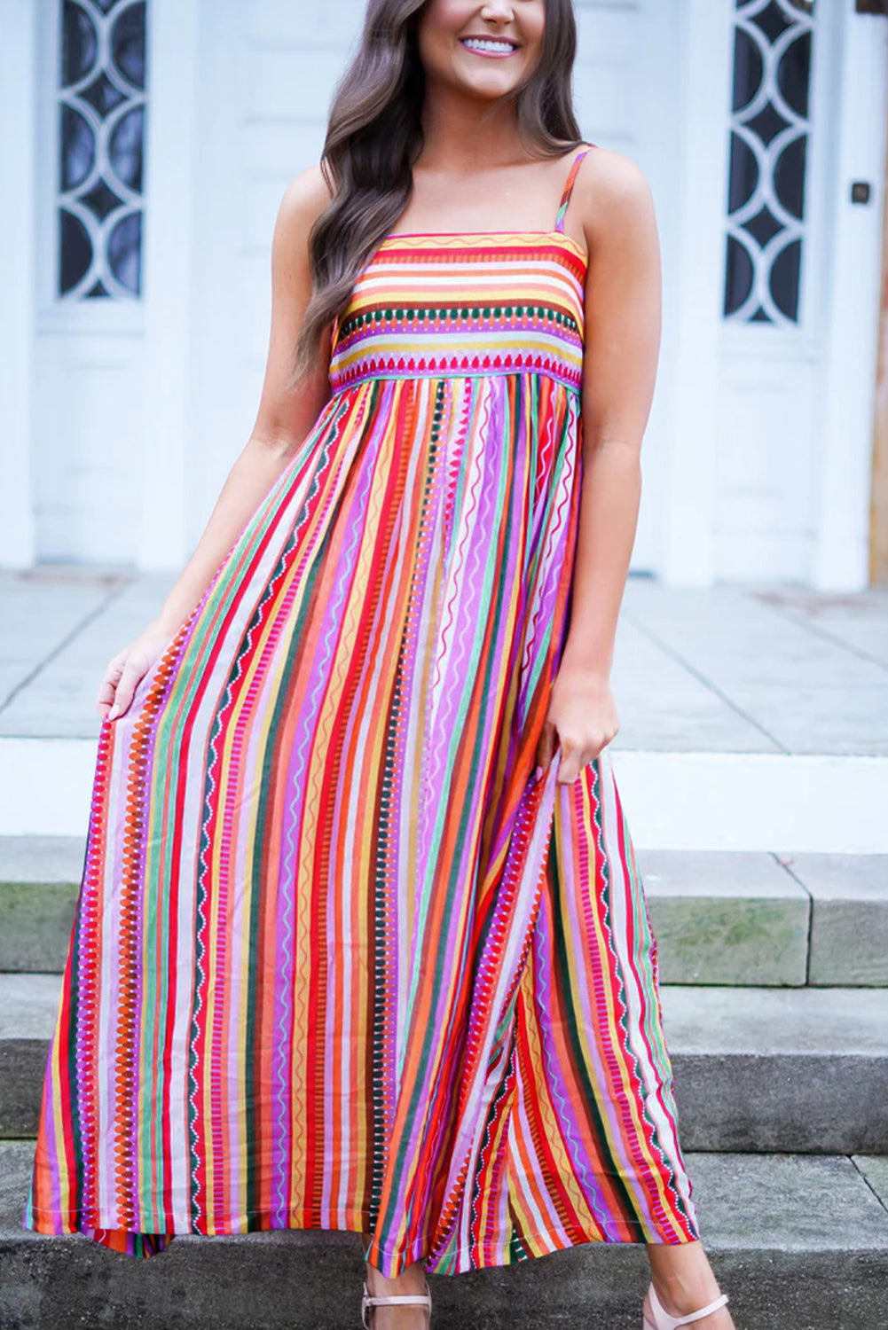 Multicolour Striped Thin Straps Smocked Back Boho Maxi Dress