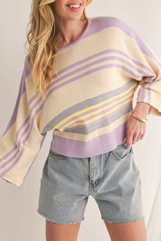 Purple Striped Rib-Knit Cropped Top