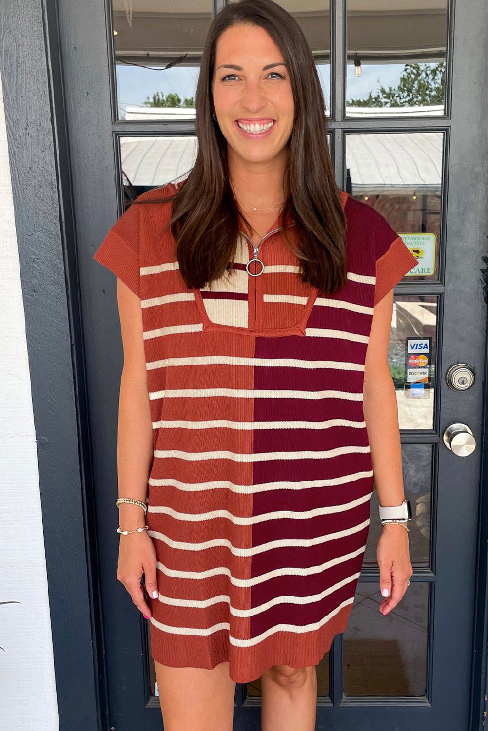 Khaki Stripe Color Block Short Sleeve Quarter Zip Mini Dress