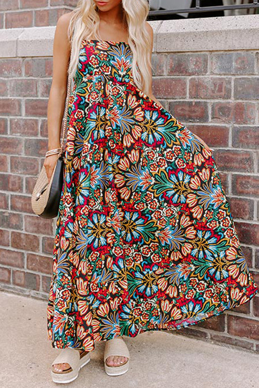 Black Boho Floral Print Thin Straps High Waist Maxi Dress