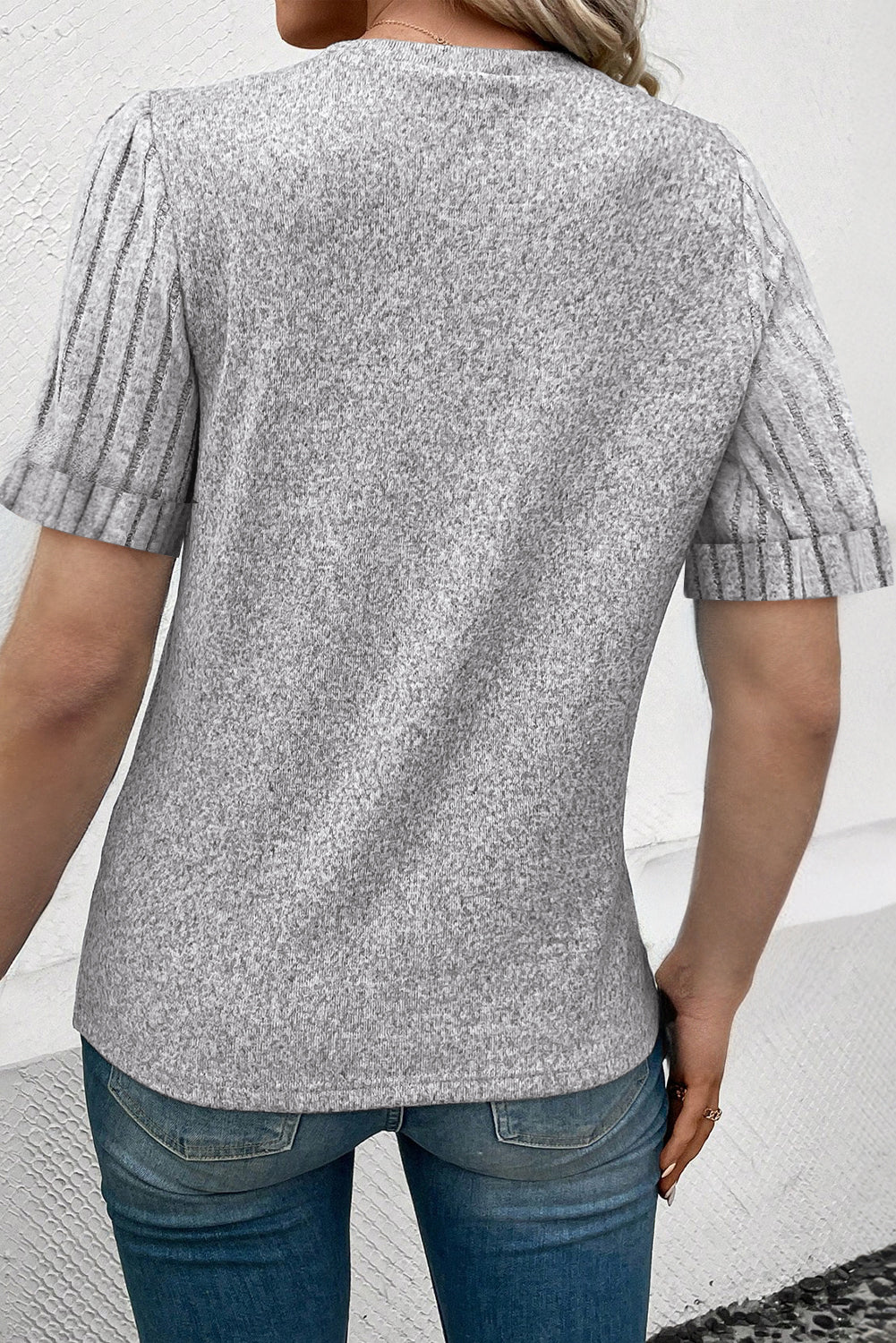 Gray Ribbed Splicing Short Sleeve Round Neck T-shirt