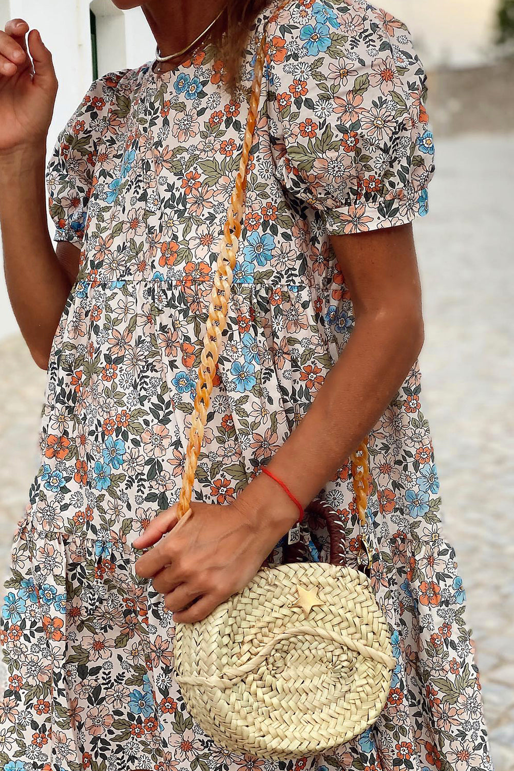 Apricot Bohemian Floral Print Short Puff Sleeve Mini Dress