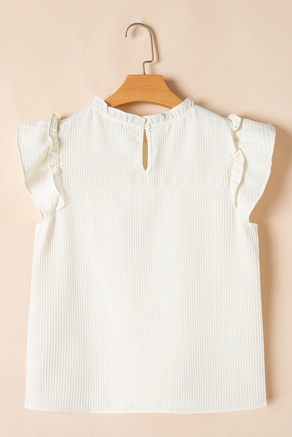 White Solid Color Ruffle Trim Waffle Textured Blouse