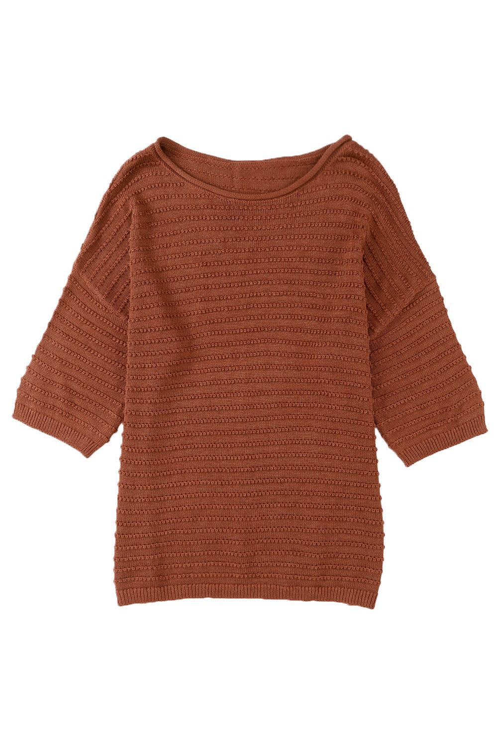 Brown Solid Color Rib-Knit Drop Sleeve Side Slits Top