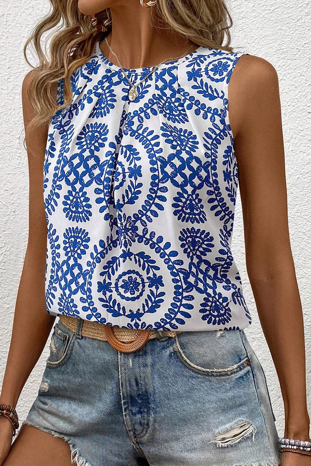 Blue Boho Geometric Print Pleated Sleeveless Top