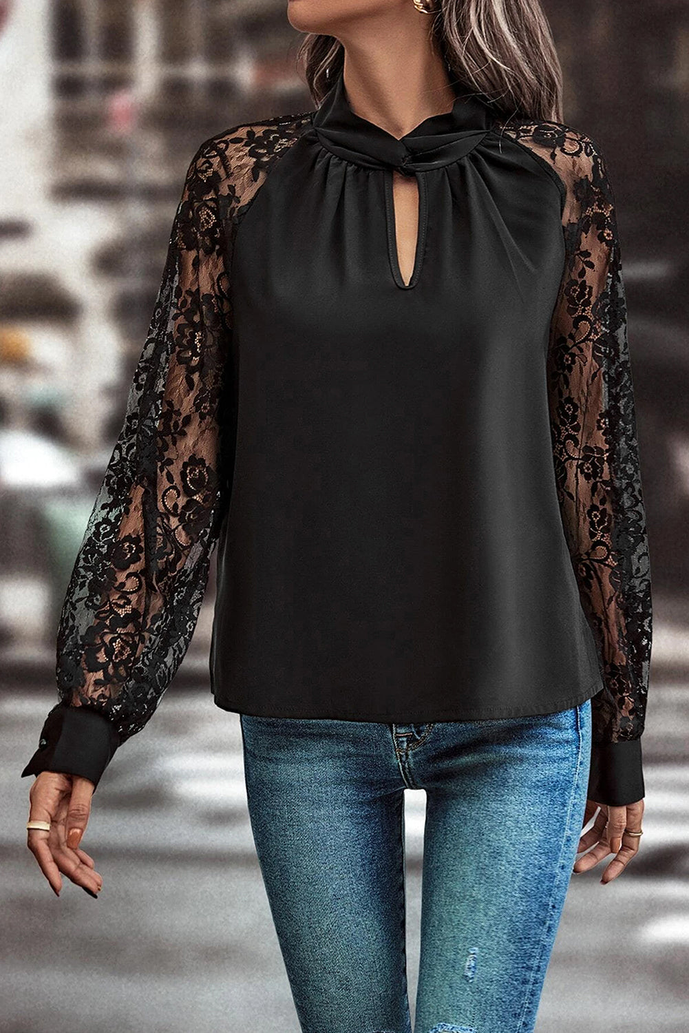 Black Keyhole Neckline Lace Splicing Raglan Sleeve Blouse