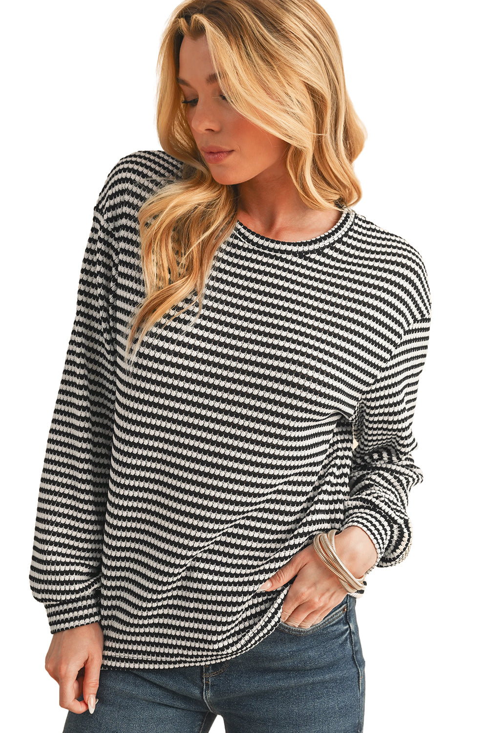 Rose Stripe Round Neck Drop Shoulder Long Sleeve Top