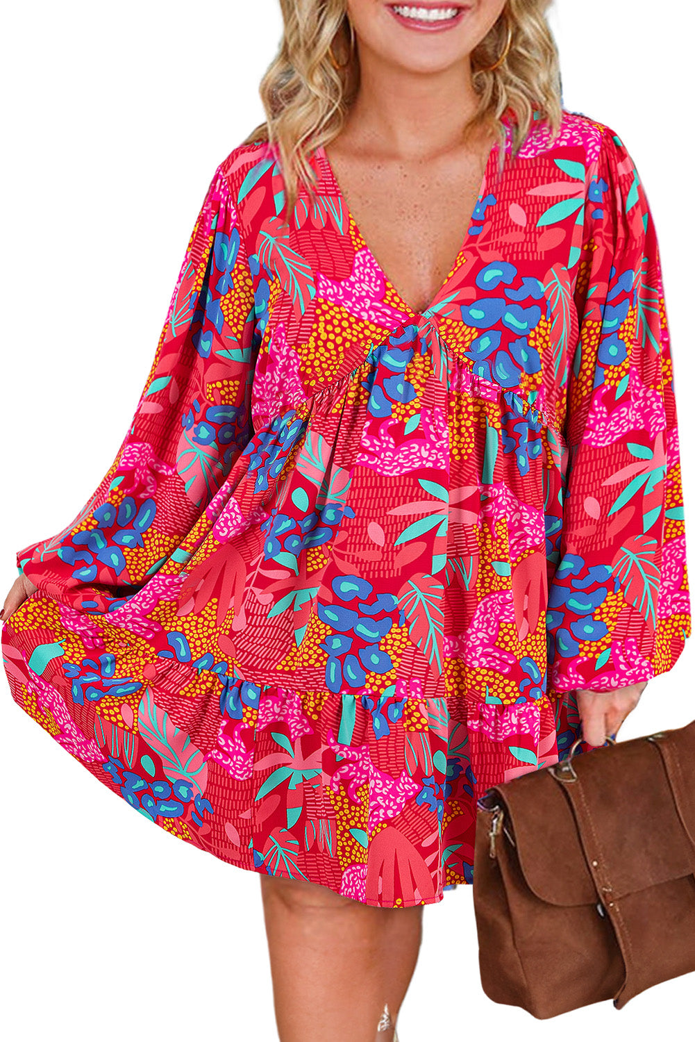 Rose Tropical Print Lantern Sleeve V Neck Ruffle Plus Size Mini Dress