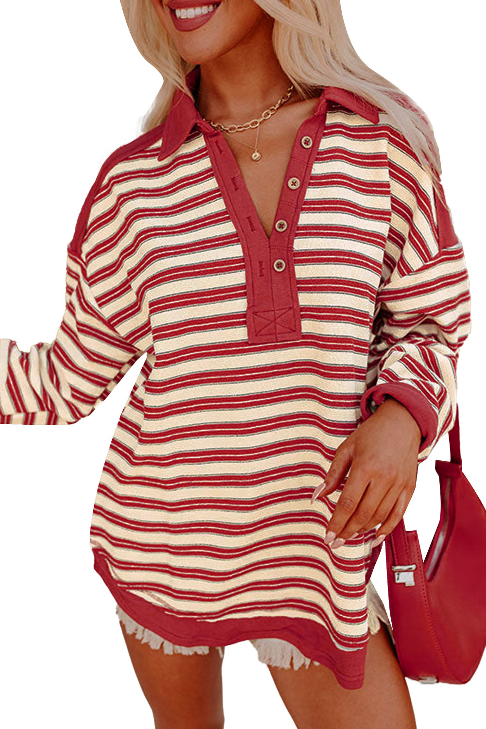 Red Stripe Collared V Neck Drop Shoulder Top