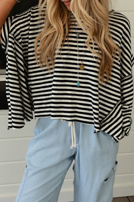 Khaki Striped Batwing Sleeve Oversized Top