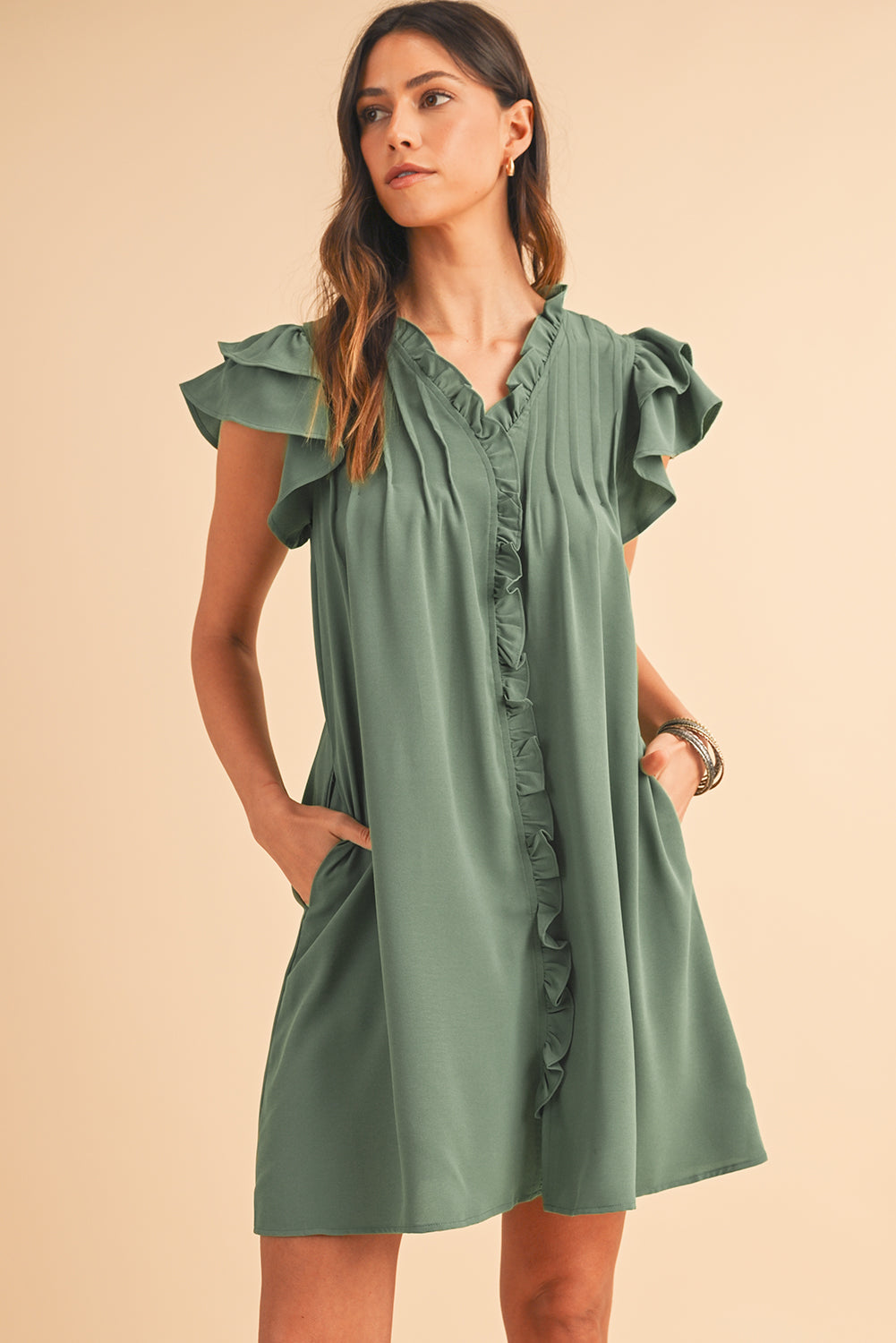 Mist Green Ruffle Trim Sleeve V Neck Pocketed Mini Dress